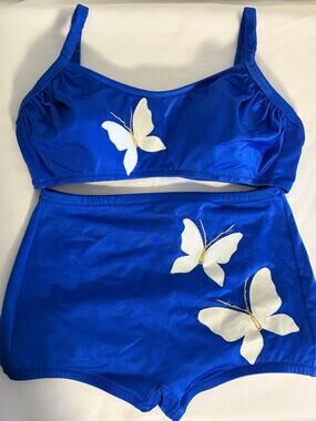 Vintage DeWeese Design Blue Butterfly Applique 2 Piece Swimsuit Womens 10
